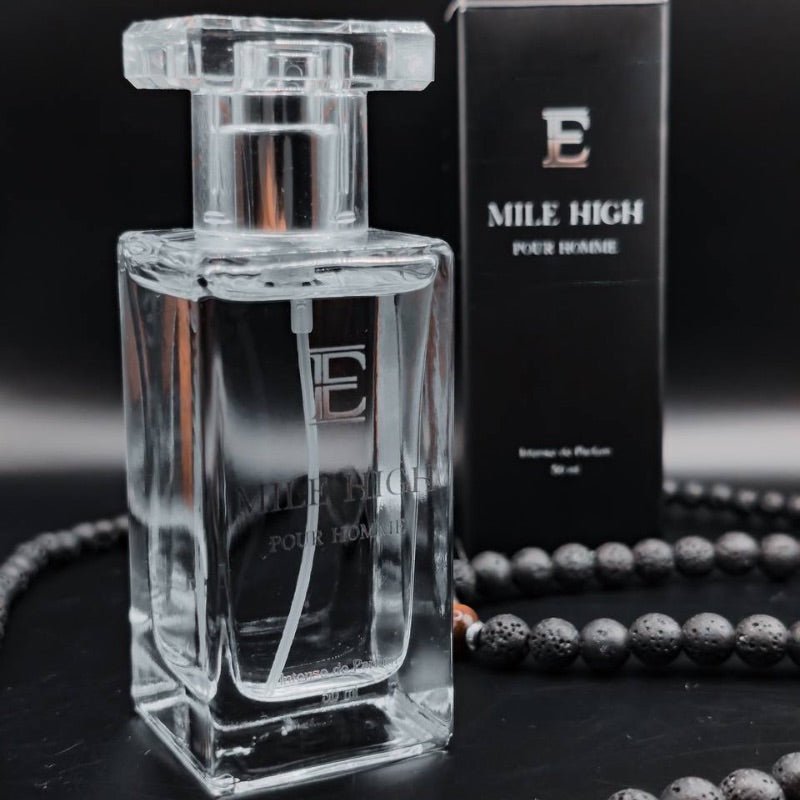 Mile High Parfum – edler Herrenduft mit Pheromonen, stilvoll präsentiert mit schwarzer Box und Lavastein-Armband, für maskuline Eleganz und Anziehungskraft