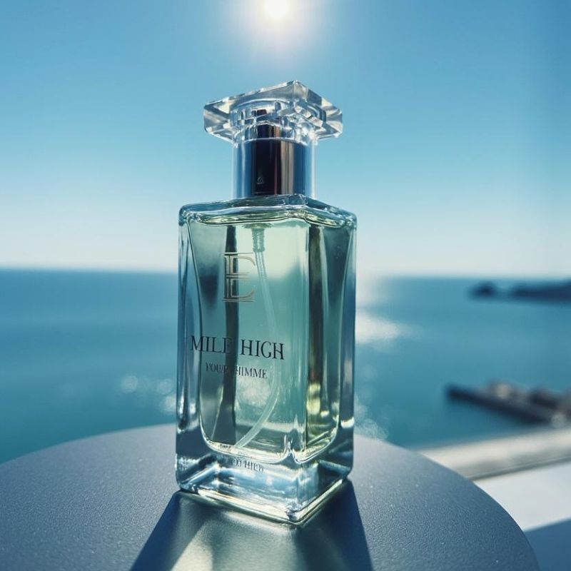 Mile High Parfum – exklusiver Herrenduft mit Pheromonen, fotografiert mit Meerblick bei Sonnenlicht auf eleganter Oberfläche